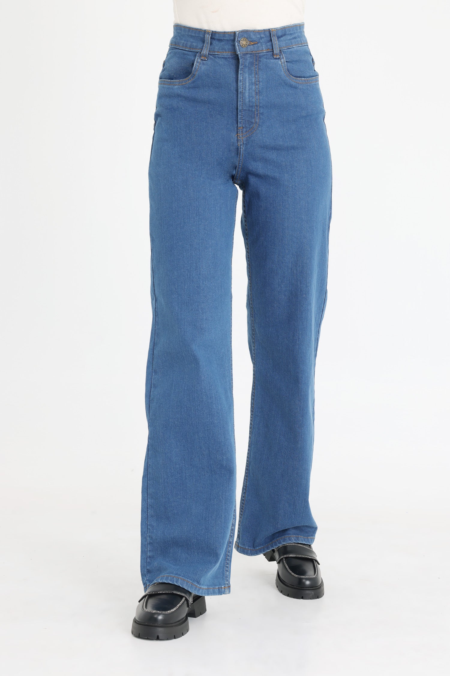 BELL BOTTOM JEANS MID BLUE, BOTTOMWEAR, ALMAS, MODJEN FOR THE MODERN  GENERATION