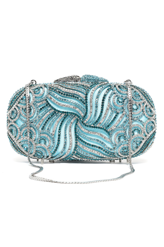 SWIRL PATTERN CRYSTAL EMBELLISHED CLUTCH-BLUE-SILVER