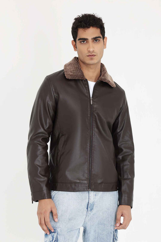 ALMAS STYLISH COLLAR LEATHER JACKET-COFFEE