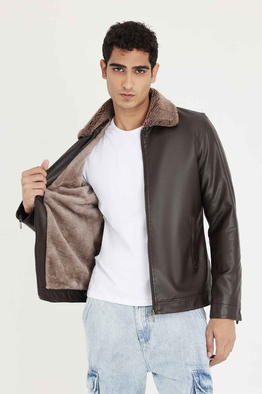 ALMAS STYLISH COLLAR LEATHER JACKET-COFFEE