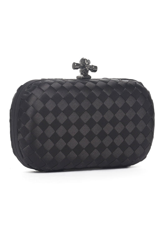 SATIN WEAVE KNOT CLUTCH-BLACK