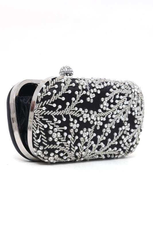 ELEGANCE FLORAL PEARL EMBELLISHED CLUTCH-BLACK