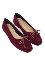 BOW ACCENT SUEDE BALLET FLATS-BURGUNDY