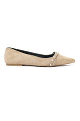 STUDDED SUEDE POINTED FLATS-KHAKI