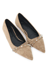 STUDDED SUEDE POINTED FLATS-KHAKI