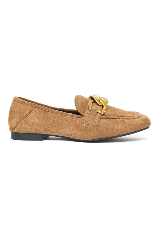 CHAIN DETAIL SUEDE LOAFERS-CAMEL