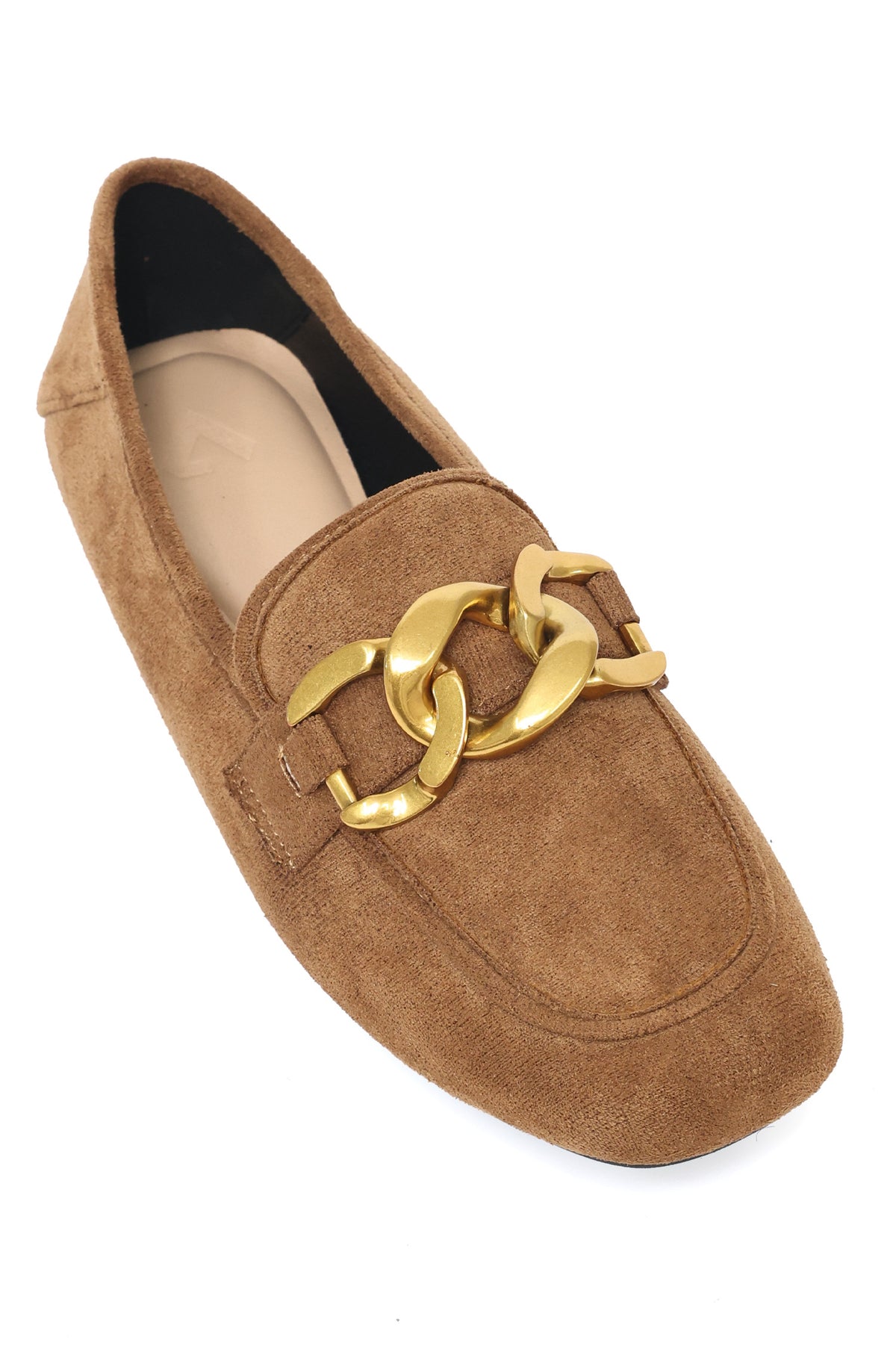 CHAIN DETAIL SUEDE LOAFERS-CAMEL