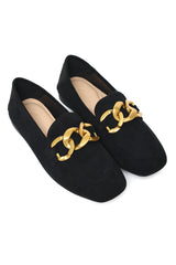 CHAIN DETAIL SUEDE LOAFERS-BLACK