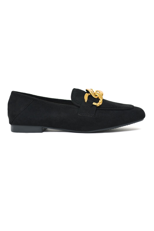 CHAIN DETAIL SUEDE LOAFERS-BLACK