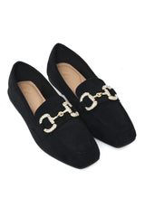 RHINESTONE BIT SUEDE LOAFERS-BLACK