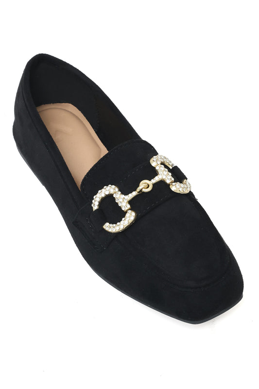 RHINESTONE BIT SUEDE LOAFERS-BLACK