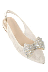 BOW EMBELLISHED LACE SLINGBACKS-BEIGE