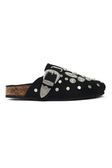 STUDDED BUCKLE MULES-BLACK