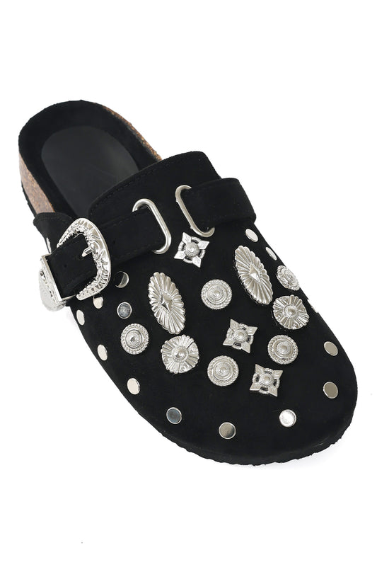 STUDDED BUCKLE MULES-BLACK