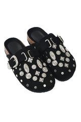 STUDDED BUCKLE MULES-BLACK