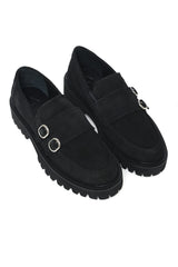 DOUBLE-BUCKLE SUEDE PLATFORM LOAFERS-BLACK