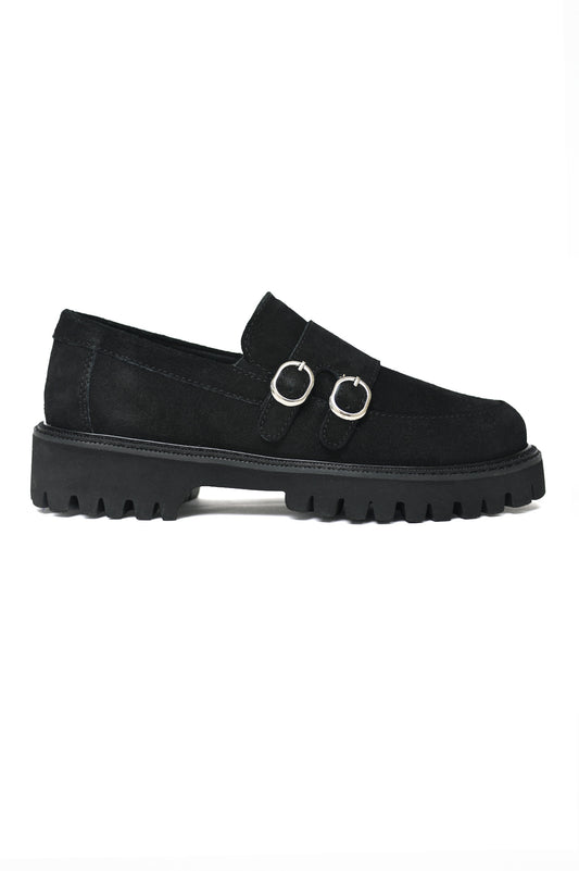 DOUBLE-BUCKLE SUEDE PLATFORM LOAFERS-BLACK