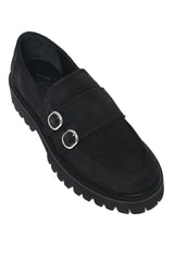 DOUBLE-BUCKLE SUEDE PLATFORM LOAFERS-BLACK