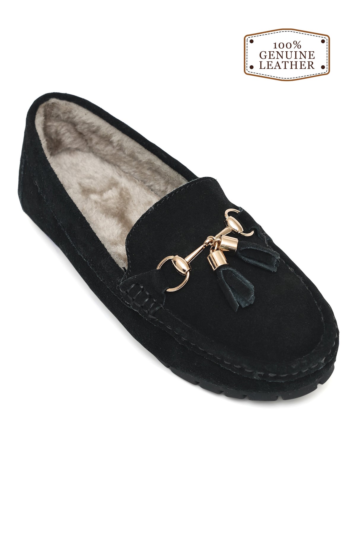 SUEDE LOAFERS WITH METAL TASSELED & PLUSH LINING-BLACK