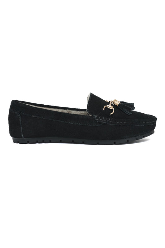 SUEDE LOAFERS WITH METAL TASSELED & PLUSH LINING-BLACK