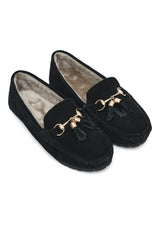 SUEDE LOAFERS WITH METAL TASSELED & PLUSH LINING-BLACK