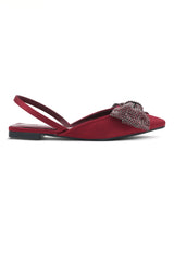 SATIN BOW SLING FLATS-BURGUNDAY