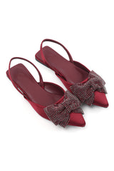 SATIN BOW SLING FLATS-BURGUNDAY