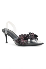 3D CRYSTAL FLOWER HEELS-BLACK