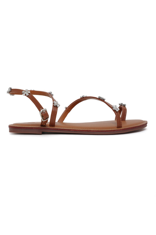 GLAMOUR FLORAL STRAPPY SANDALS-BROWN