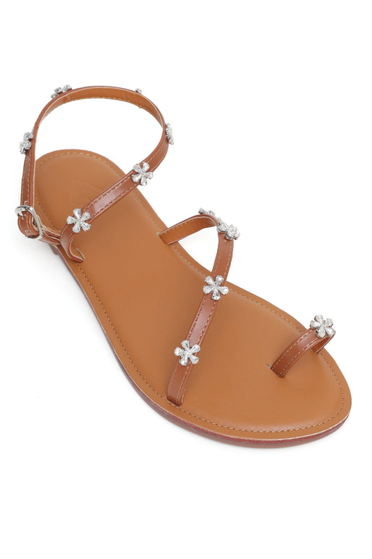 GLAMOUR FLORAL STRAPPY SANDALS-BROWN