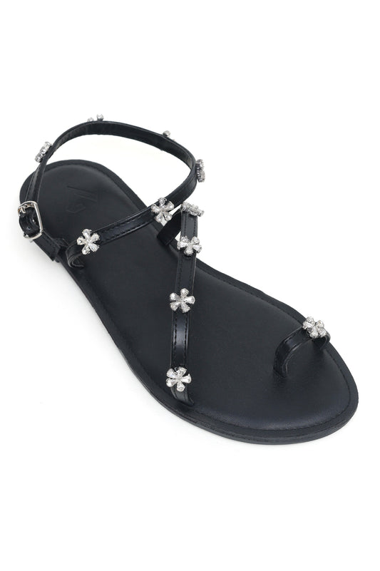 GLAMOUR FLORAL STRAPPY SANDALS-BLACK