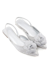 ROSE-EMBELLISHED SLINGBACK FLATS-SILVER