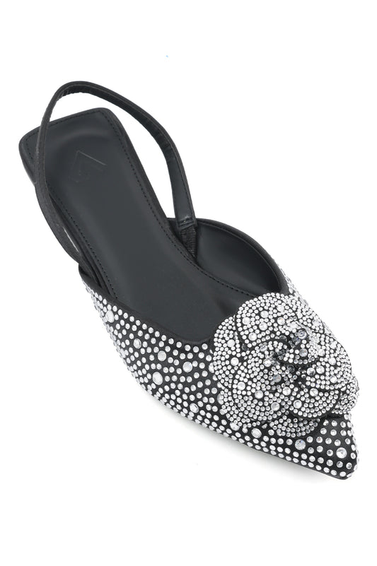 ROSE-EMBELLISHED SLINGBACK FLATS-BLACK