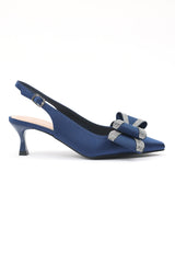 SATIN BOW SLINGBACK HEELS-NAVY