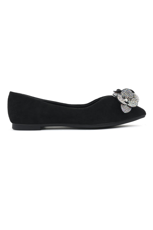 SUEDE FLORAL FLATS-BLACK