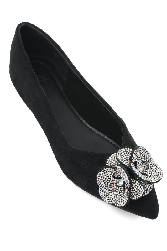 SUEDE FLORAL FLATS-BLACK