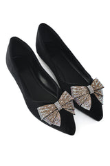 VELVET CRYSTAL BOW FLATS-BLACK