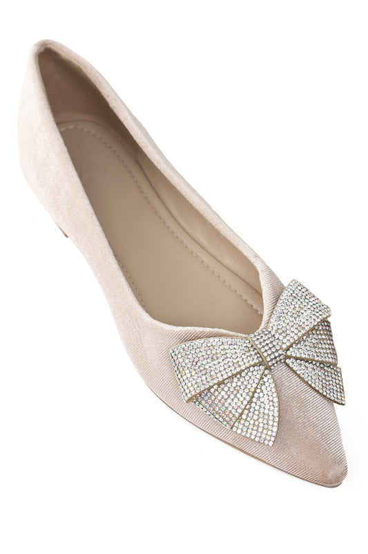 VELVET CRYSTAL BOW FLATS-BEIGE