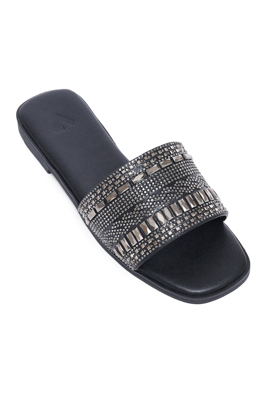 LUXE CRYSTAL SHIMMER EMBELLISHED SLIDE-BLACK