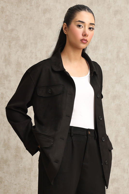 SUEDE UTILITY JACKET-BLACK