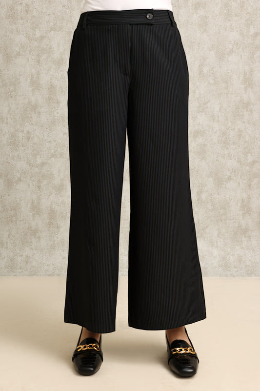 STRIPED WIDE-LEG PANTS-BLACK