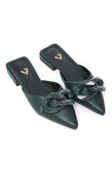 CHAIN DETAIL POINTED MULES-DK-GREEN