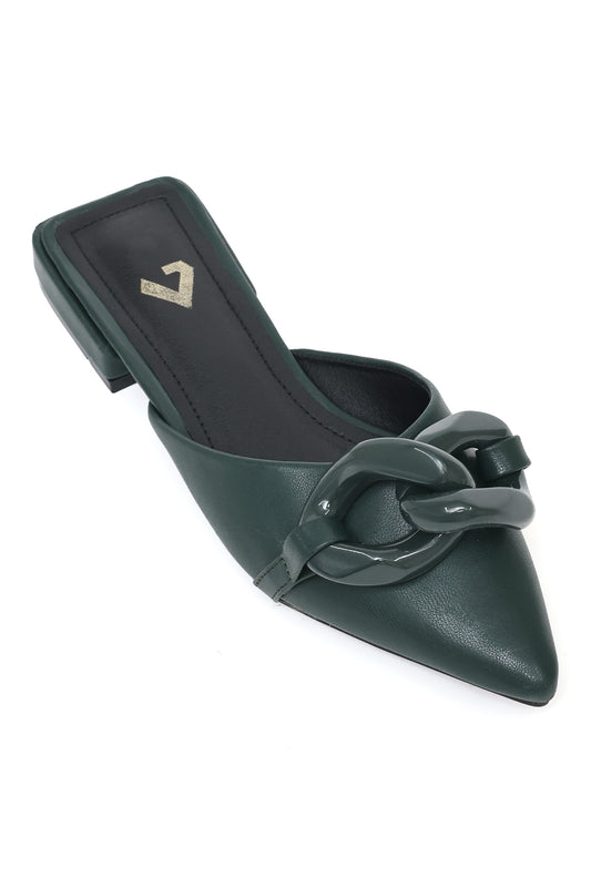 CHAIN DETAIL POINTED MULES-DK-GREEN