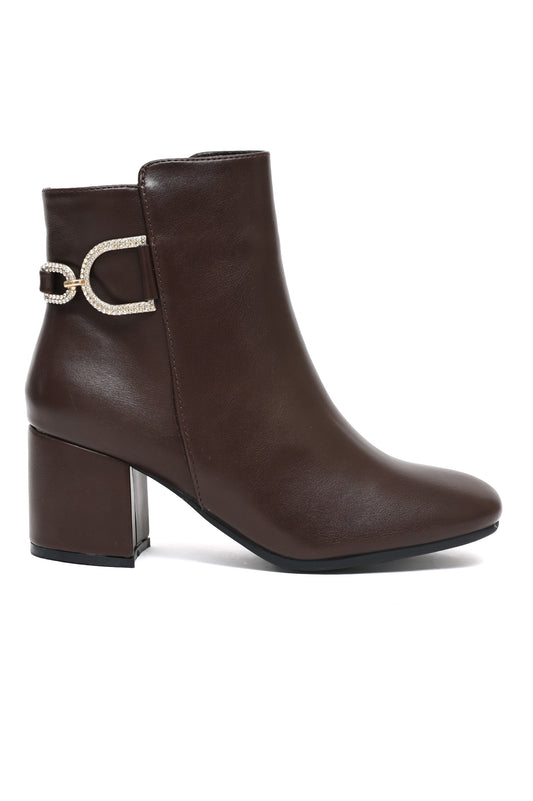 BLOCK HEELED ANKLE BOOTS WITH BUCKLE DETAIL-COFFEE