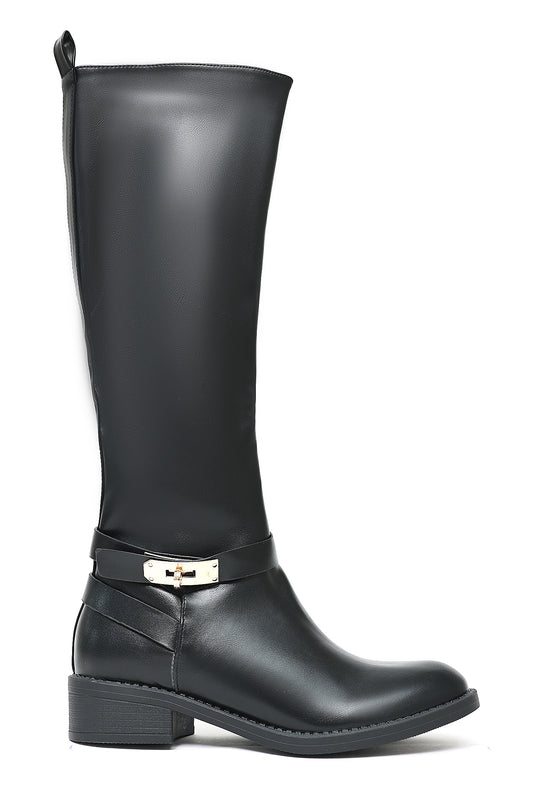 KNEE-HIGH BUCKLE RIDING BOOTS-BLACK