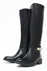 KNEE-HIGH BUCKLE RIDING BOOTS-BLACK