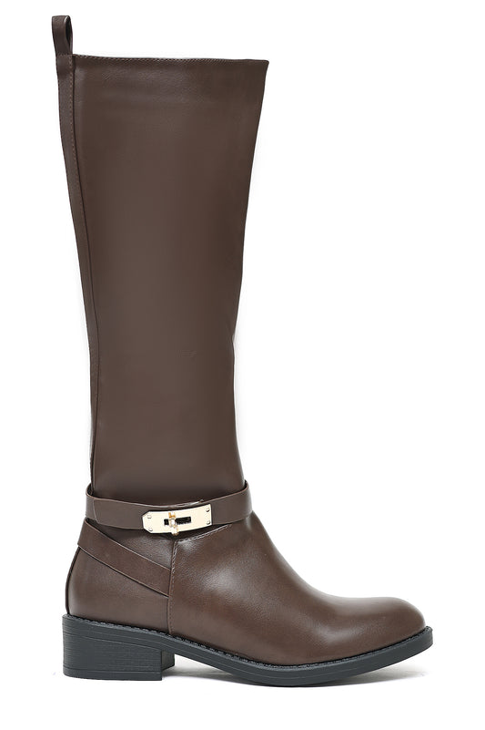 KNEE-HIGH BUCKLE RIDING BOOTS-COFFEE