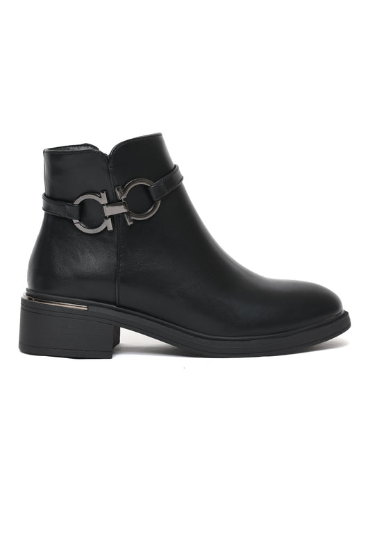 Gold Buckle Ankle Boots-Black