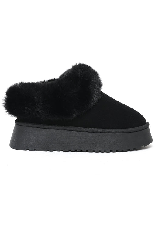 Faux Fur Platform Slippers-Black