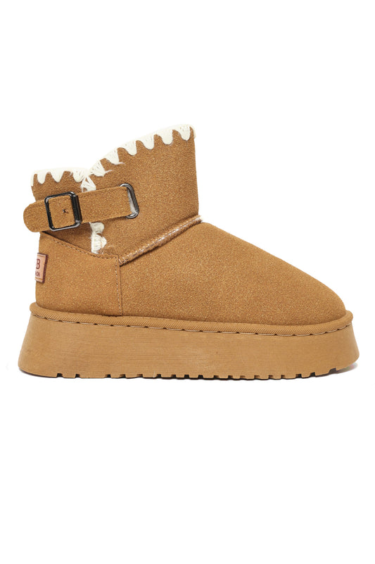 Shearling Trim Platform Boots-Camel